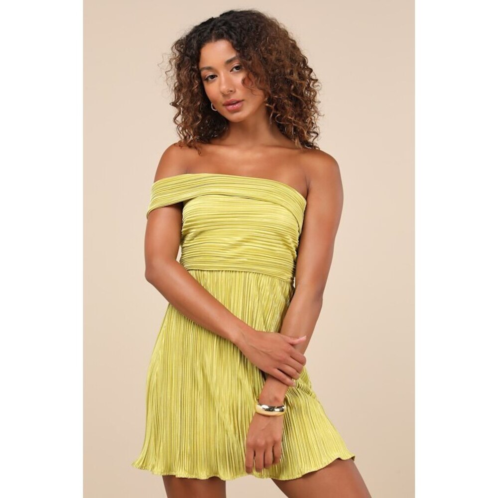 Lulus Poised Performance Chartreuse Plisse One-shoulder Mini Dress Green